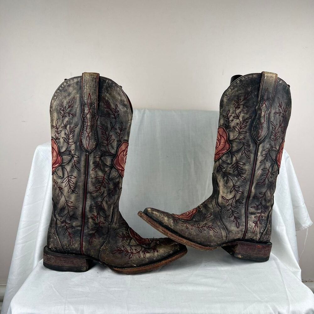 Ariat Cowboy Boots With Red Floral Embroidery Size US 9 B